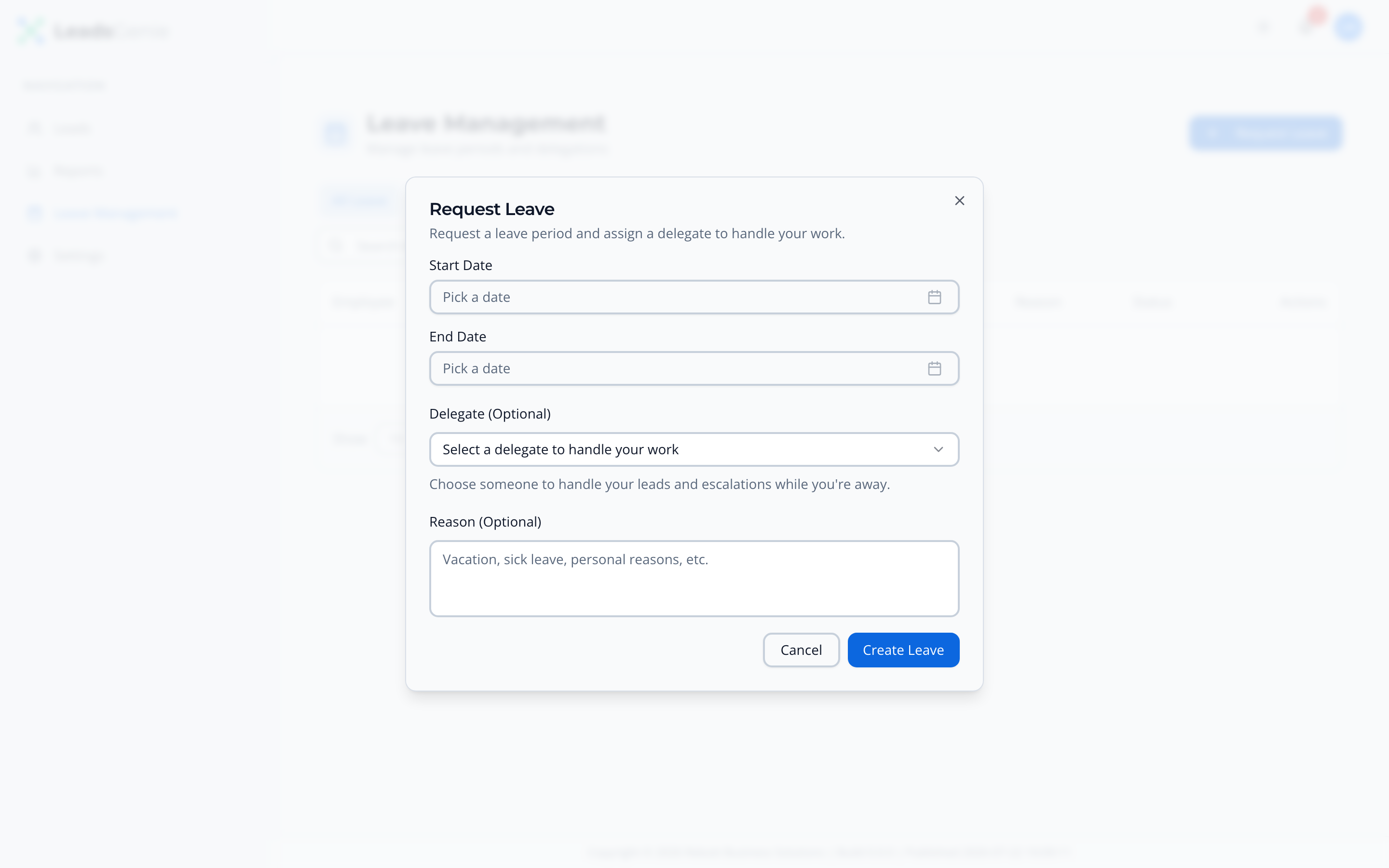 The Request Leave dialog with start date, end date, delegate and reason fields
