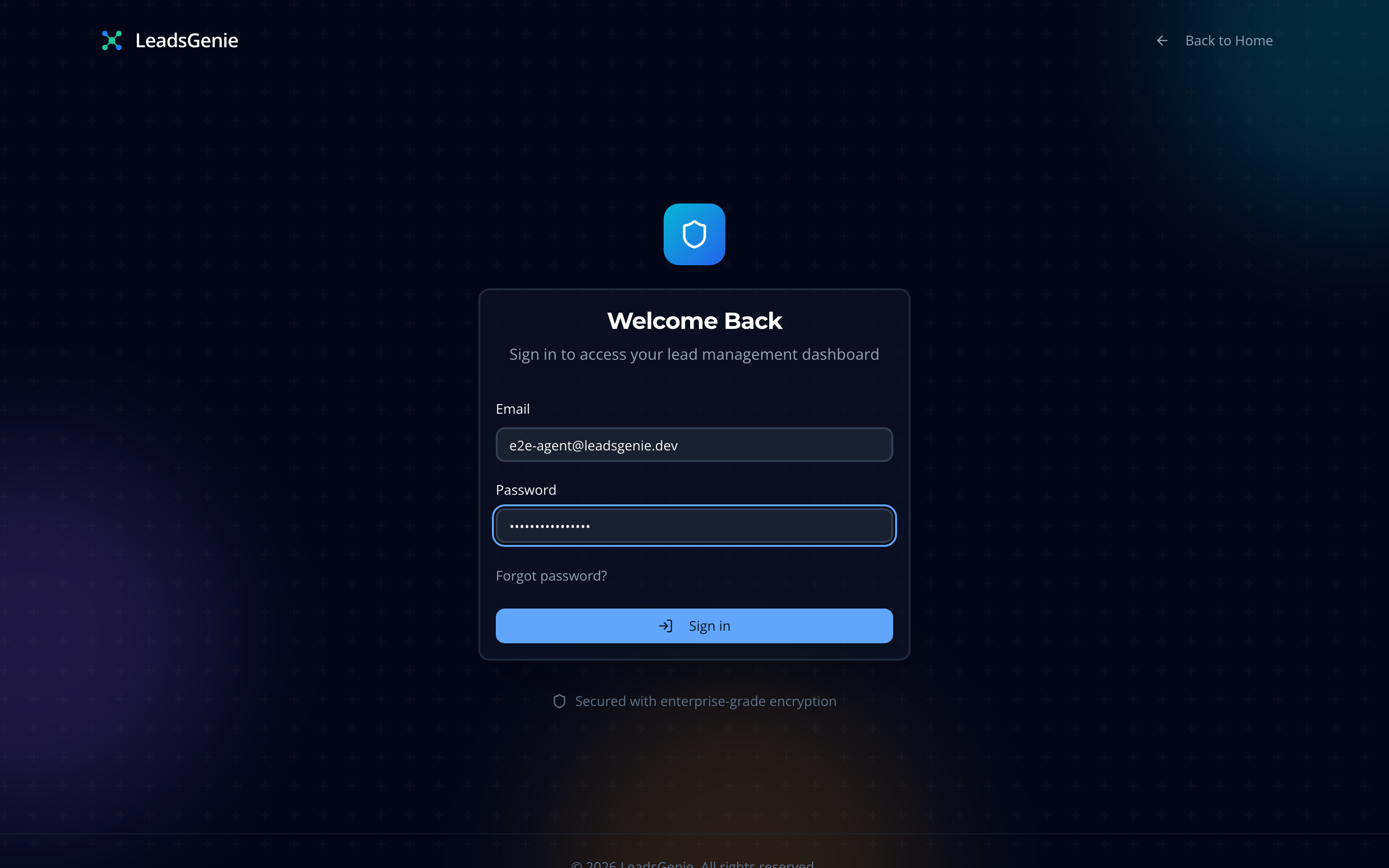 The LeadsGenie sign-in screen with email and password fields