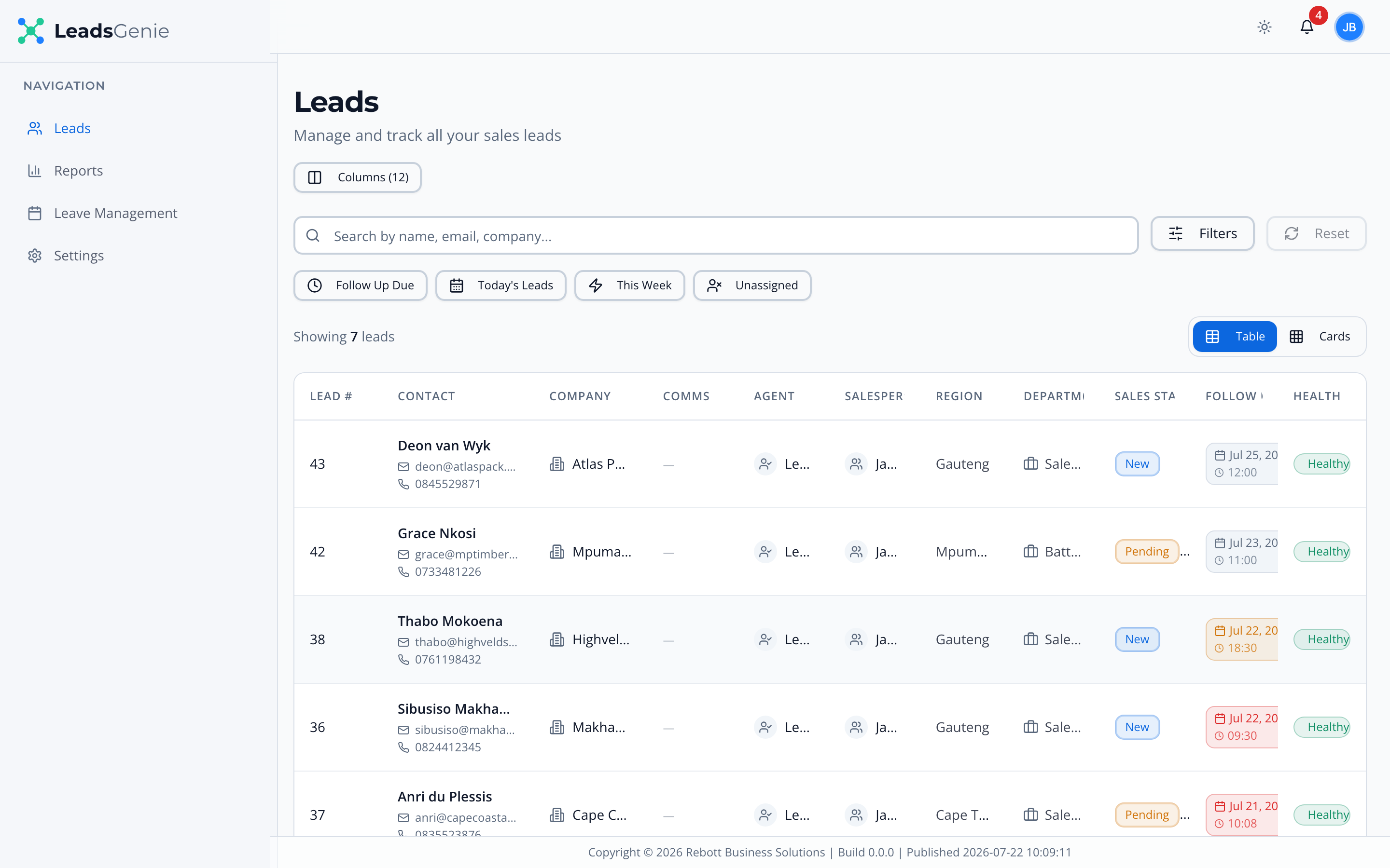 The desktop Leads workspace as a salesperson sees it, without an Add New Lead button