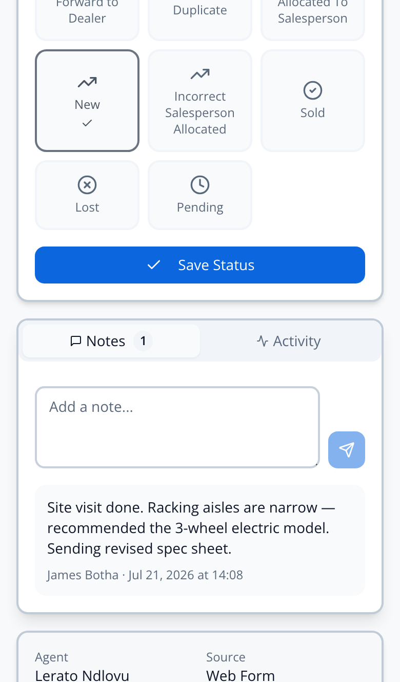 The Notes tab with a note input and an existing note, next to the Activity tab