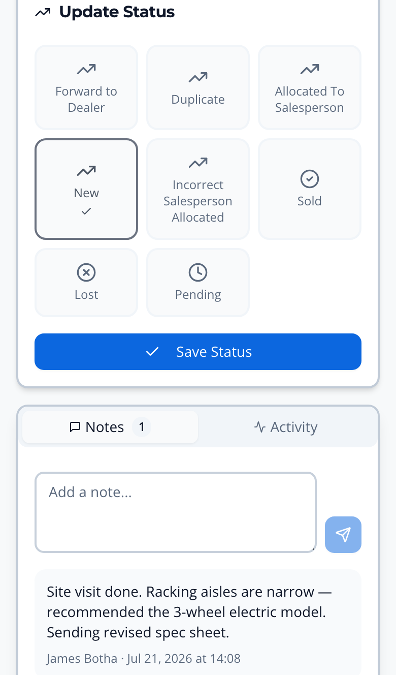 The Update Status card with status tiles and the Save Status button, above the Notes and Activity tabs