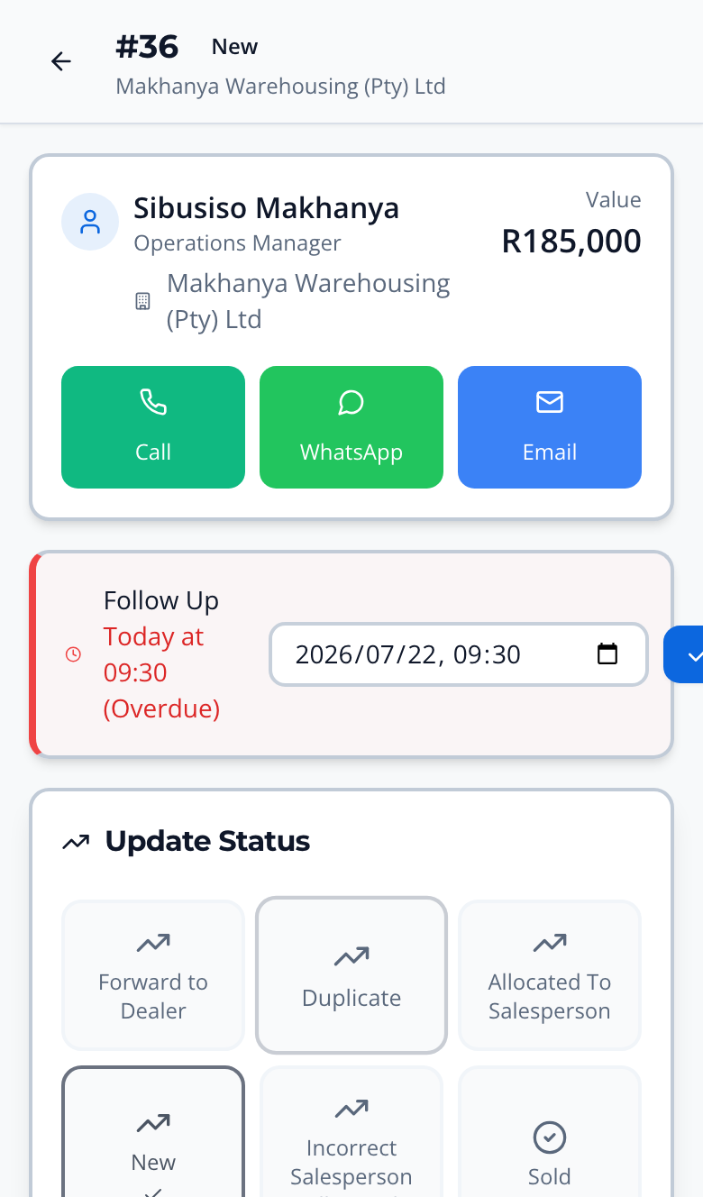 The top of the lead screen showing the customer card with Call, WhatsApp and Email buttons and the follow-up card