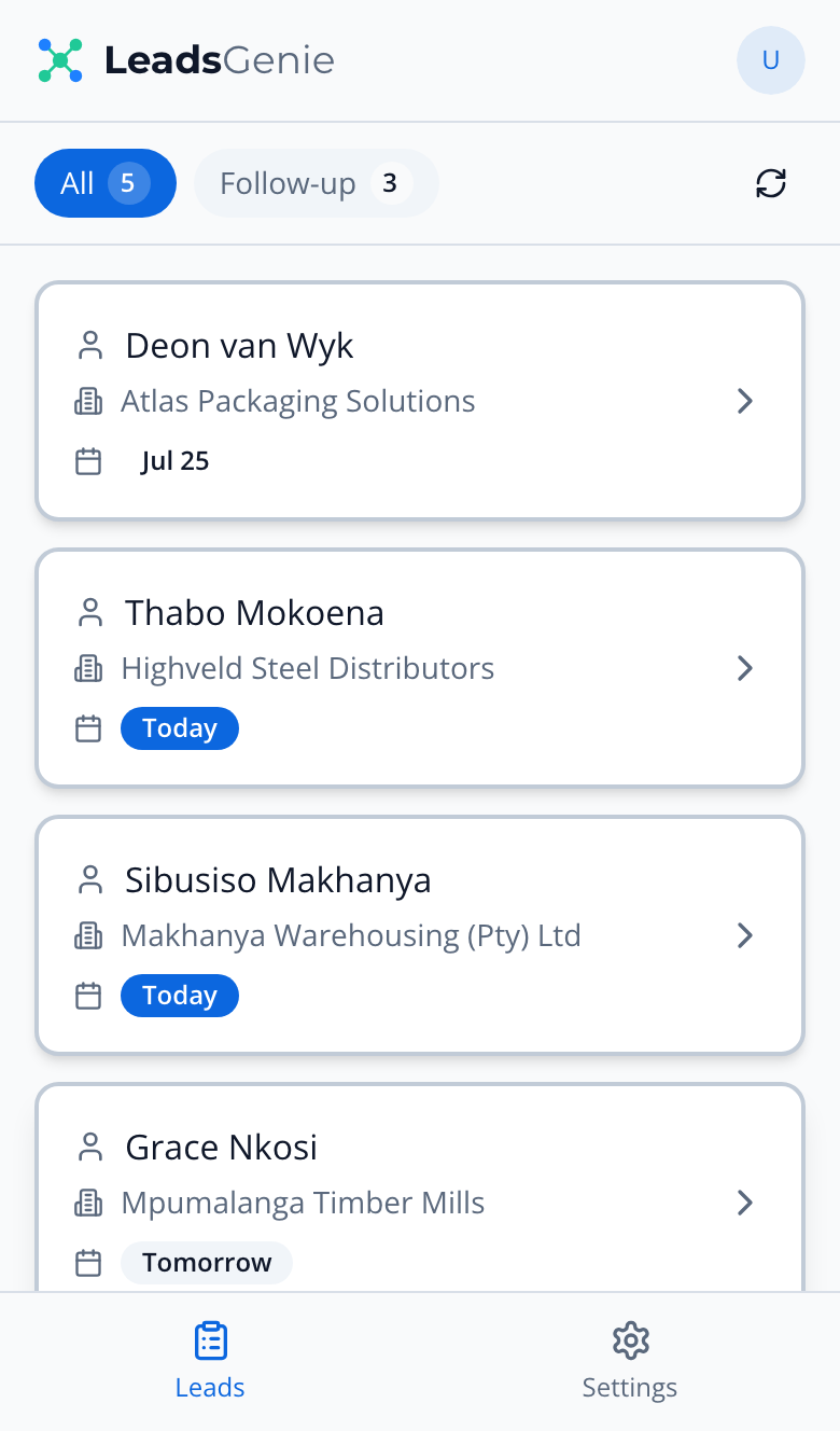 The mobile leads list with All and Follow-up filter chips and lead cards showing follow-up dates