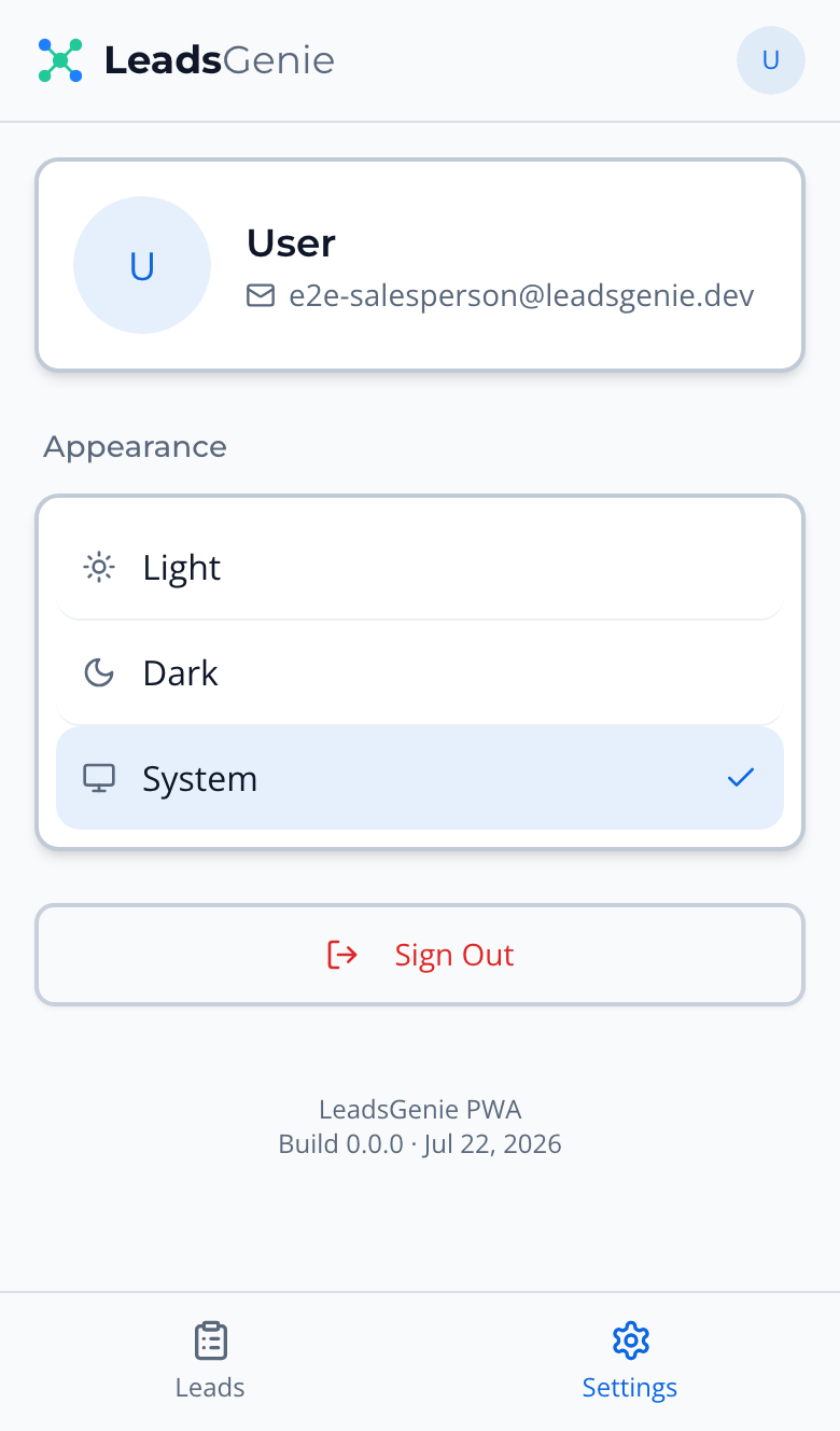 The mobile Settings tab with profile, Light/Dark/System appearance options and Sign Out